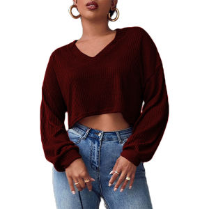 Loose Long Sleeve V-neck Short Top Solid Color Polyester Fiber Pure Color V-neck T-shirt for Women Autumn Season Regular Sleeve