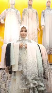 Gamis Motif Kembang Ceruty Set Kerudung Model Kekinian
