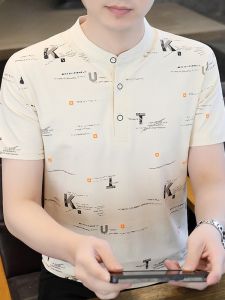 HENGYUANXIANG | Hengyuanxiang 2025 New Korean Style Printed Short Sleeve Cotton Polo Shirt Mens Summer Cool Feeling Stand Collar Thin T-shirt