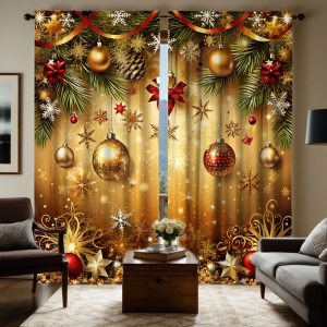 2pcs Luxurious Golden Christmas Ornament & Pine Pattern Curtains Designed for Light Blocking Premium Material Suitable for C