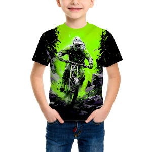 Boys Fashion 3D Printed T-Shirt - Short Sleeve Crew Neck Casual Streetwear Bike Design for Young People