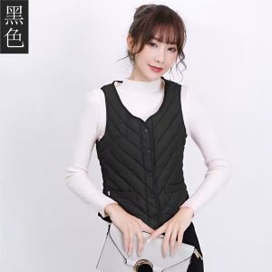 เสื้อกั๊กขนแกะหนาสำหรับผู้หญิง ฤดูใบไม้ร่วง/ฤดูหนาว เสื้อคลุมกันหนาวแบบสวมใส่ในบ้าน ผ้าฝ้ายขนเป็ด ทรงเข้ารูป แขนสั้น ปกตั้ง