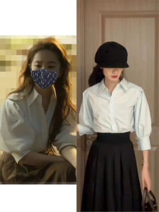 Rose Story White Shirt Womens French Style Loose Fitting Half Sleeve Top for Summer with POLO Collar and Puff Sleeves