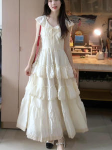 French Sweet Princess Style Long Skirt Womens Summer High Waist Gathered Waist Short Sleeve Midi Dress Fairy Tale Cake Skirt