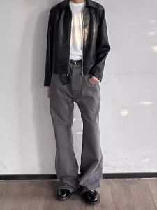กางเกงยีนส์ทรงหลวมขาตรงสีเทาสไตล์อเมริกันสำหรับผู้ชาย กางเกงขายาวทรงหลวมขากว้างสไตล์ย้อนยุค Cleanfit กางเกงขายาวทรงสลิมฟิต
