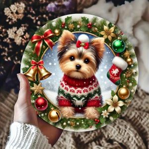 8in Wooden 2D Flat Circular Disc Colorful Yorkshire Terrier Christmas Pendant Signboard Cute Dog Lovers Gift Home Decor