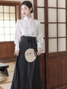 Improved Hanfu Womens Ming Dynasty Elements National Style Daily Stand Collar Shirt Embroidered Backless Long Skirt Set