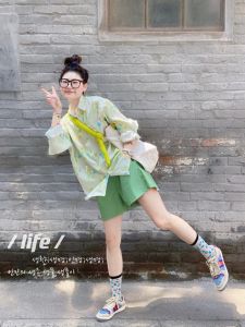 Travel Casual Beach Dress Summer Vacation Style Loose Elastic Waist Long Sleeve A-Line Skirt Polyester Fabric Print Pattern