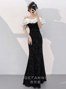 Black Off Shoulder Elegant Evening Gown