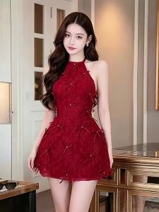 Elegant Red Lace Bow Halterneck Dress