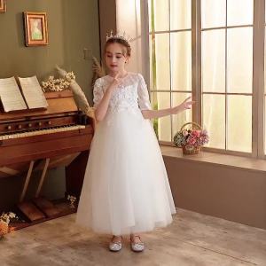 Long Style with Medium Sleeves Western Style Slim Fit Girl Tulle Tutu White Wedding Dress Sweet Princess Dress Catwalk Flower Girl Banquet Dress