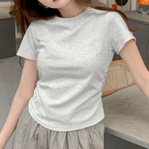 Womens Short Sleeve T-Shirt Pure Cotton Waist-Cinching Design Summer New Style Inner Wear Slim Fit round Neck Top