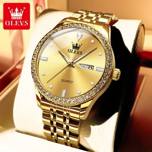 OLEVS watch for mens original new product top quality gold quartz stainless steel relo for men waterproof dual calendar luminous diamond dial design precise timekeeping fashionable business Men Casual Watches