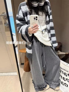 Light Grey Wooden Edge Wide Leg Pants Womens Loose Slimming Lazy Style Casual Pants High Waist Straight Tube Trousers