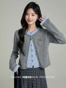 Gray Knitted Cardigan Womens Spring 2025 New Style Simple Design Sense Top Quality Acrylic Fiber Long Sleeve round Neck Coat