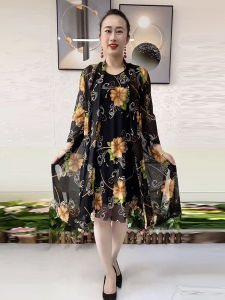 Ice Lace Mesh Dress Suit Summer New Arrival Fashion Print Stretchy Slim-Fit plus Size Anti-Aging Two-Piece Dress