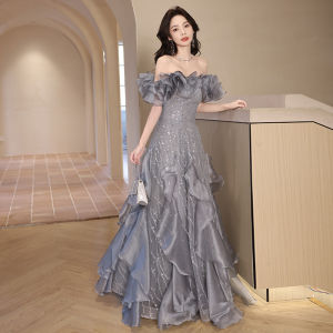 Off shoulder gray sequin gown high-end birthday princess party dress