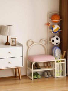 เก้าอี้เปลี่ยนรองเท้าสำหรับเด็ก ชั้นวางรองเท้า หนัง PU สีน้ำตาล วัสดุเหล็กกล้า ที่นั่งได้ ใช้งานในบ้าน สำหรับเด็กและผู้ใหญ่