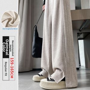 Herringbone Patterned Trousers High Waist Straight Fit Flannel Wool Lined