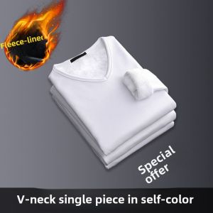 Thickened Fleece Long Sleeve V-Neck Mens T-Shirt Autumn Winter Thermal Wear Slim Fit Casual Pure Color Warm Top Fashionable Street Style