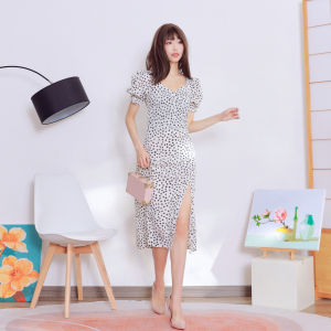 ชุดเดรสยาวปานกลางทรงเอคอวีแขนสั้นลายดอกไม้สไตล์ฝรั่งเศส กระโปรงทรงเอเข้ารูป เดรสยาวปานกลางสไตล์ยุโรป