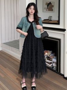 Fancy Denim Jacket Net Yarn Cake Skirt Two-piece Set Womens Summer Plus Size Plus Size Ladies Slim Looking Chic Suit Skirt