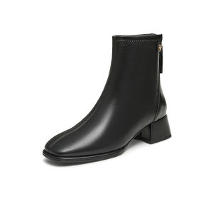 Tata Womens Short Boots Commute Elastic Personality French Style Leather Booties Autumn Winter New WYX02DD4 round Toe mid Heel