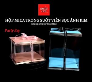 HỘP BÁNH KEM MICA TRONG SUỐT VIỀN ÁNH KIM (30cm26cm22cm) không kèm ruy băng