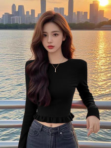 Áo Thun Nữ Màu Đỏ Ôm Vừa Vặn Dài Tay Cổ Tròn Tay Ngắn Mùa Xuân Thu Đông Tay Dài Thiết Kế Áo Sơ Mi Nữ