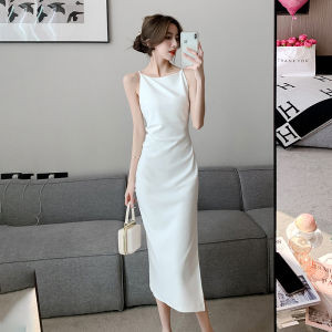 Impression Fashion Store Women Elegant Sleeveless Strap Plain High Waist Slim Cutting Bodycon Long Slit Dress