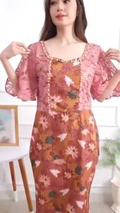 DRES PESTA WANITA REBECCA BAHAN KATUN BATIK KOMBI BRUKAT KONDANGAN & LEBARAN
