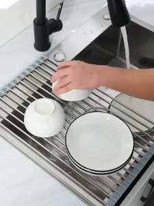 Nicedeal Kitchen Shelves Drain Rack Vegetable Dish Storage Rack Roll up Sink Black 12 pipes 47x24cm