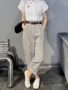 ฤดูใบไม้ผลิ ฤดูใบไม้ร่วง ลายสก็อต หลวม ลำลอง พ่อ กางเกงยีนส์ พรางหุ่น กางเกงฮาเร็ม หลากหลาย เอวสูงสไตล์พร็อพเก้ากระเป๋า กางเกงขายาว