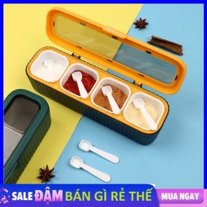 Bộ Hộp 4 Hũ Đựng Gia Vị Có Thìa Thông Minh - Hộp Đựng Gia Vị 4 Ngăn Có Nắp Đậy Kèm Muỗng Chống Ẩm Cao Cấp - Lọ Đụng Gia Vị Bằng Nhựa Tiện Dụng/ Hũ đựng gia vi liền nắp chống ẩm cực tốt