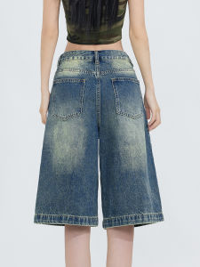 QIAOMIDUO | Retro Washed Denim Straight Leg Pants Five-Quarter Loose Fit Summer 2025 Womens Fashion High Waist Wide Leg Jeans Cotton Blend