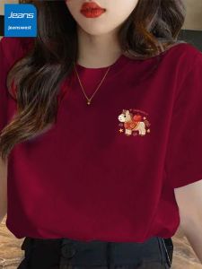 Jeanswest | Auspicious Red Cotton Short-sleeved T-shirt Women Summer New