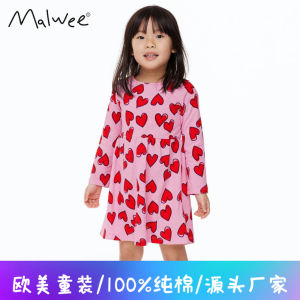 Malwee Girl Dress Fall and Winter New Arrival Print Western Style European and American Style Childrens Clothing round Neck Long Sleeves Children Skirt
