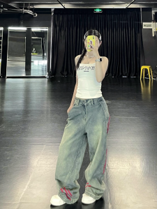 High Waist Wide Leg Jeans Womens Distressed Loose Fit Striped Patchwork Denim Pants American High Street Style Fall Fashion