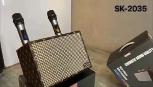 SK-2035 Shocking Bass Sound Karaoke Wireless Bluetooth Leather Type Speaker Multi Function with Dual Wireless Microphone