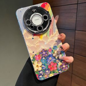 Huawei Mate70 Series Apple New Phone Case Mate60Pro Creative Ins Style Oil Painting Rainbow Flower Sea Full Cover Lens Film Flip Cover Stand Fashion Protective Case