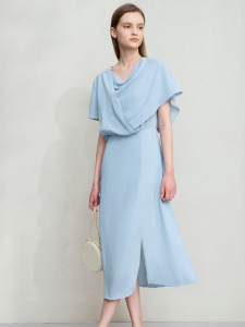 AMII | Summer Simple Commuter Elegance Pure Color Asymmetrical Design Draped Collar Fit Mid-Length Dress