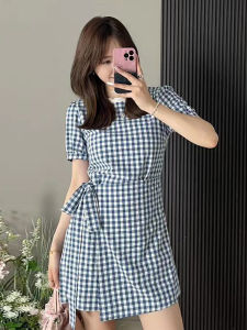 SUSIEYUAN | Blue Checkered Waist Slimming Summer Dress