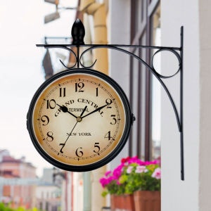 🚚In Stock🚚 Double Sided Train Station Clock Waterproof Wall Clock for Garden Retro Wrought Iron Metal Wall Clocks Outdoor Silent Quartz Clock Wall Clock Outdoor Clock Decorative Wall Clock Indoor Outdoor Decoration