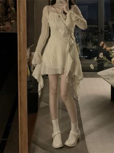 French Pure Desire Sling Dress for Women High Waist Elegant Atmosphere Asymmetrical Ruffle Short Skirt for Summer