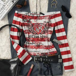 Womens Y2K Sweet 2000S Red Angel Heart Print Striped One Shoulder Long Sleeve T-Shirt Suitable for Back to School Season a g