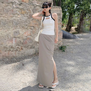 High Waist Asymmetrical Long Skirt LGKG Korean Style Casual Pleated Slimming Half-length Workwear Casualins Polyester Blend