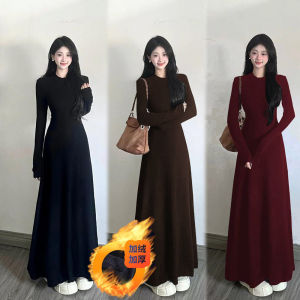 plus Size Long Sleeve Knitted Dress Thickened Fleece Womens Slim Fit round Neck High Waist A-Line Dress Casual Wear