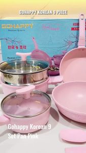 PANCI COOKWARE SET Gohappy Korean 9pcs Anti lengket GHK90V VANILLA Double Color inside and outside - wok casserole frying pan milk pan complate set