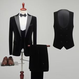 Red Velvet Mens 3 Pieces Suit Peak Lapel Jacket Waistcoat and Trousers Dinner Wedding Tuxedos Slim Fit Formal Business Suits