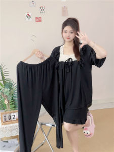 ชุดนอนผ้าไหมน้ำแข็งลายทางแขนสั้นฤดูร้อนสำหรับผู้หญิงไซส์ใหญ่ คอกลม ทรงหลวม สีพื้น เสื้อผ้าใส่ในบ้าน ผ้าฝ้ายผสมโพลีเอสเตอร์